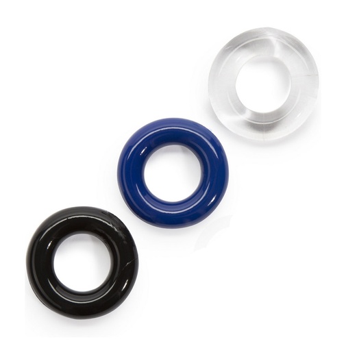 3 darab péniszgyűrűből álló szett, kék, fekete és áttetsző színben, az erekció növelésére, az ejakuláció késleltetésére, a herékre is helyezhető