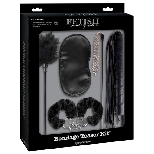 Bondage Teaser Kid - fekete 5-részes BDSM szett, a csomag szemfedőt, cirógató tollat, bilincset és 2 ostort tartalmaz
