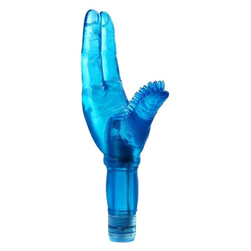 Kéz alakú vibrátor és csiklóstimuláló egyben kék színben