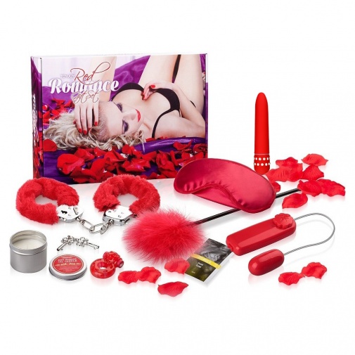 Piros színű szexuális segédeszközöket tartalmazó szett rózsaszirmokkal a romantikus pillanatokért Red Romance Gift szett.