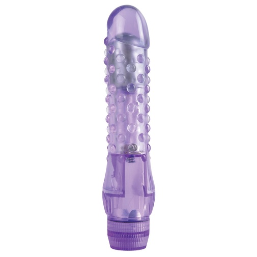 Kisebb méretű zselés vibrátor, amely nemcsak hüvelyi, hanem anális izgatásra is alkalmas a felületén található számos golyós kiemelkedésnek köszönhetően Juicy Jewels Purple Passion - Pipedream.