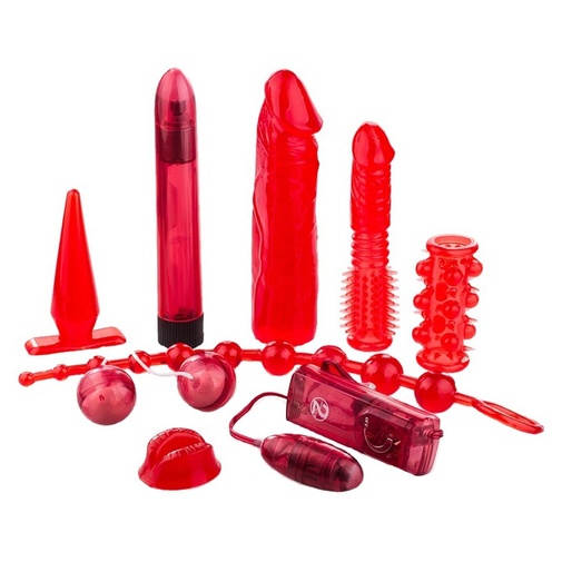 Piros szexuális segédeszközszett - vibrátor, análkúp, péniszköpeny, péniszgyűrű, gésagolyók és vibrotojás