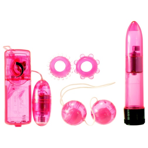 Rózsaszín alapvető szexuális segédeszközöket tartalmazó erotikus készlet, rúdvibrátort, gésagolyót, vibrotojást és két péniszgyűrűt tartalmaz.